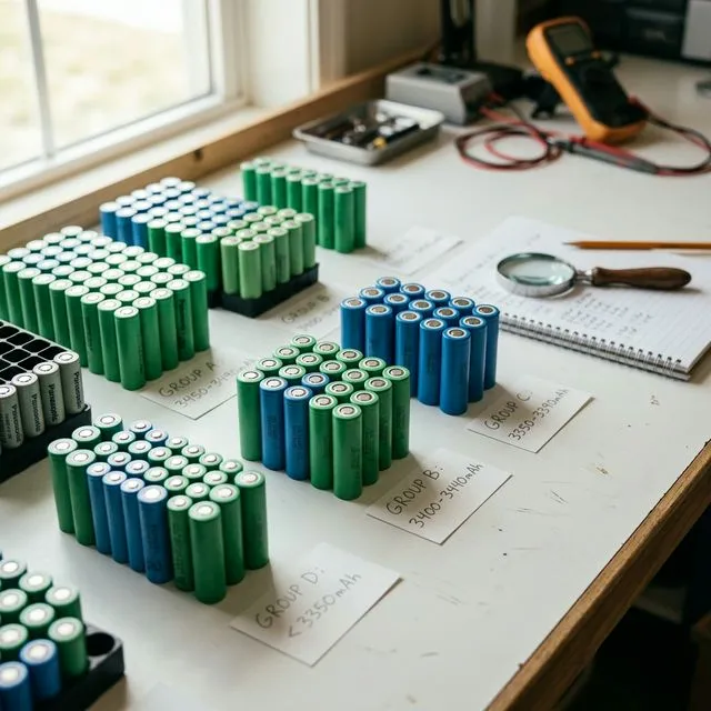 Reihen von 18650-Lithiumzellen in Gruppen sortiert auf einer Werkbank für Cell-Matching, mit handgeschriebenen Etiketten