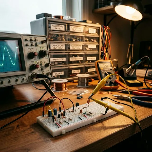 BJT-Transistor-Verstärkerschaltung auf einem Breadboard mit Oszilloskop-Messspitze, Bauteilschubladen im Hintergrund