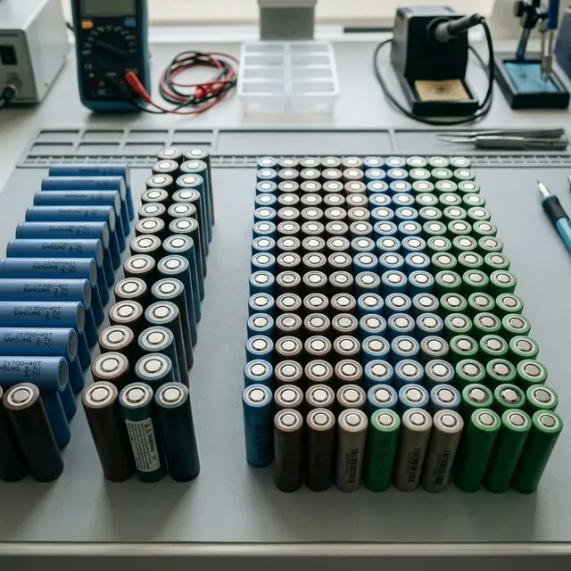 Nach Typ sortierte 18650- und 21700-Lithiumzellen auf einer antistatischen Matte im Labor, verschiedene Hersteller und Farben