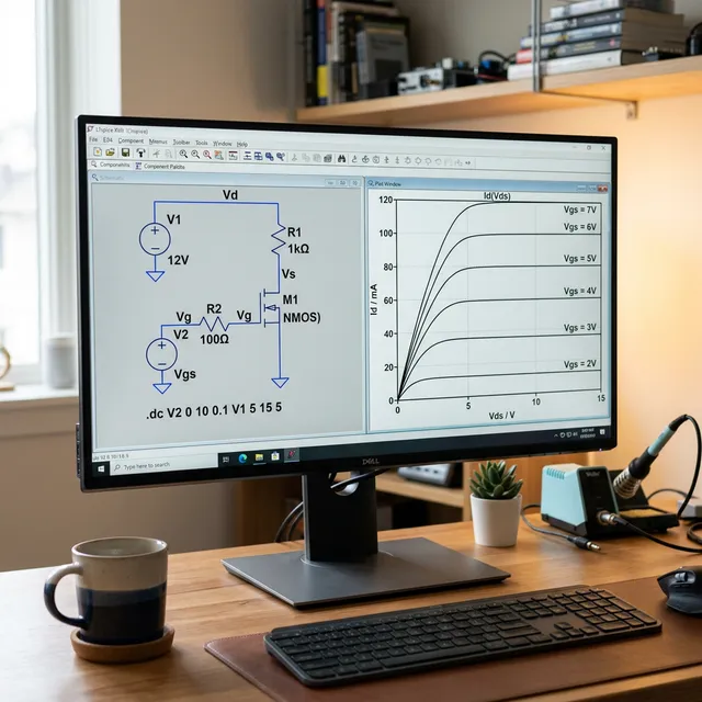 Computer-Monitor zeigt LTspice Simulationssoftware mit einem MOSFET-Schaltplan links und einer I-V-Kennlinienschar rechts. Modernes Home-Office mit Kaffeetasse.