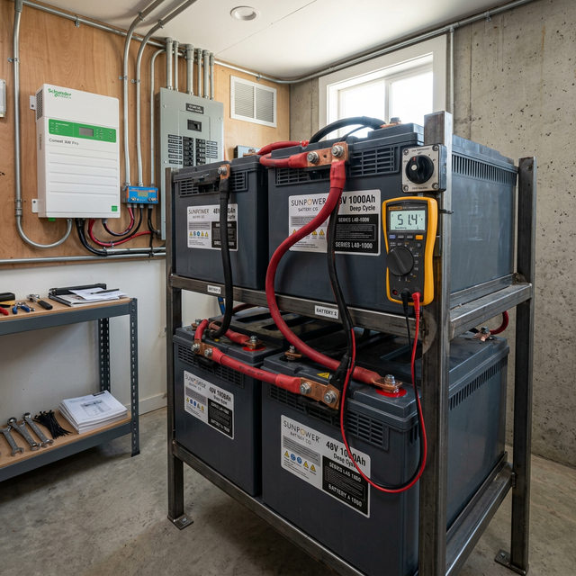 Große Blei-Säure-Batteriebank für Off-Grid-Solarsysteme in einem Versorgungsraum mit dicken Kabeln