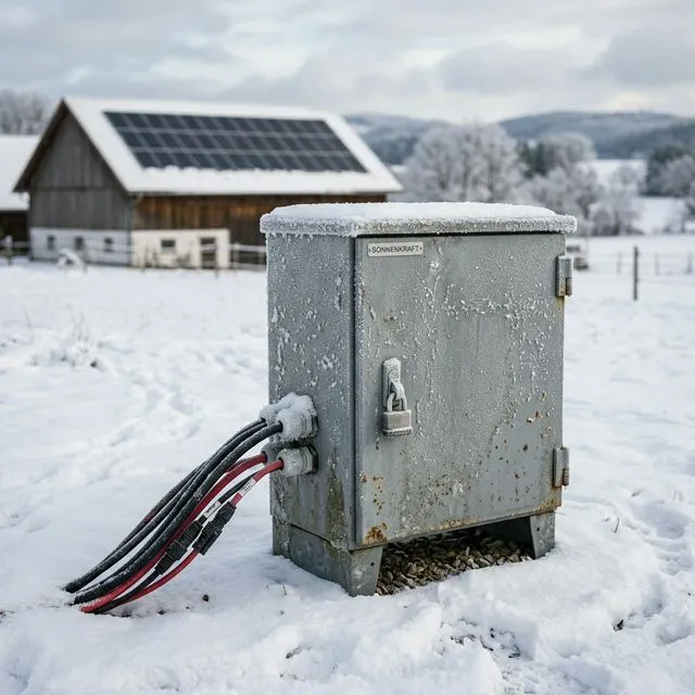 Batterie-Schaltschrank für Off-Grid-Solaranlage im Winter, Frost auf dem Metallgehäuse, dicke Kabel, schneebedeckte deutsche Landschaft mit Solarpanels im Hintergrund
