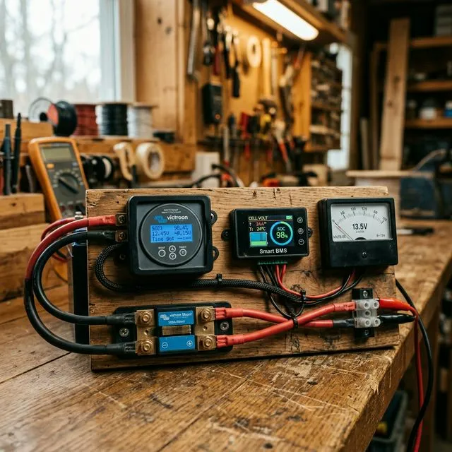 Verschiedene Batterie-Monitoring-Geräte auf einer Werkbank: Shunt-Monitor, Smart-BMS-Display und einfaches Voltmeter