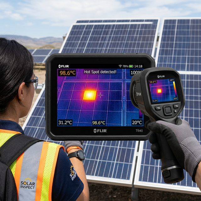 Ingenieur nutzt eine Wärmebildkamera und entdeckt einen leuchtend gelben Hot Spot Defekt auf einem großen Solarpanel