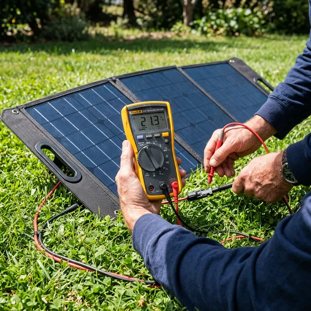 Person misst mit einem Digital-Multimeter die Spannung eines tragbaren Solarpanels im Freien