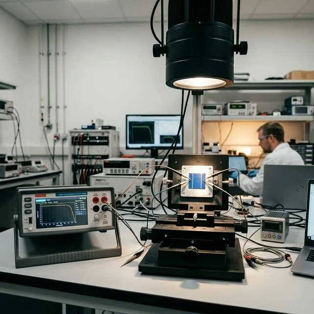 Professionelles Solarzellen-Testlabor mit I-V-Kurven-Tracer, Solarsimulator und Referenzzelle auf einem Prüfstand