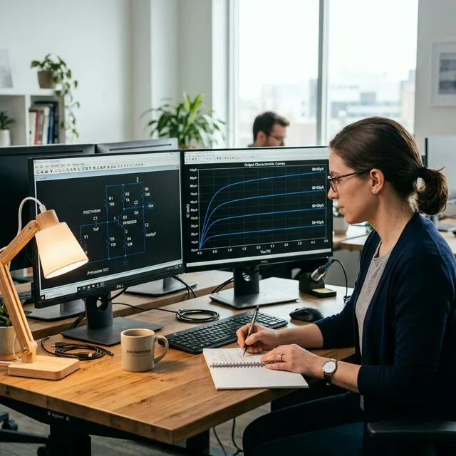 Ingenieurin am Doppelbildschirm-Arbeitsplatz mit SPICE-Simulationssoftware, Transistor-Schaltplan auf einem Monitor und Ausgangskennlinien auf dem anderen