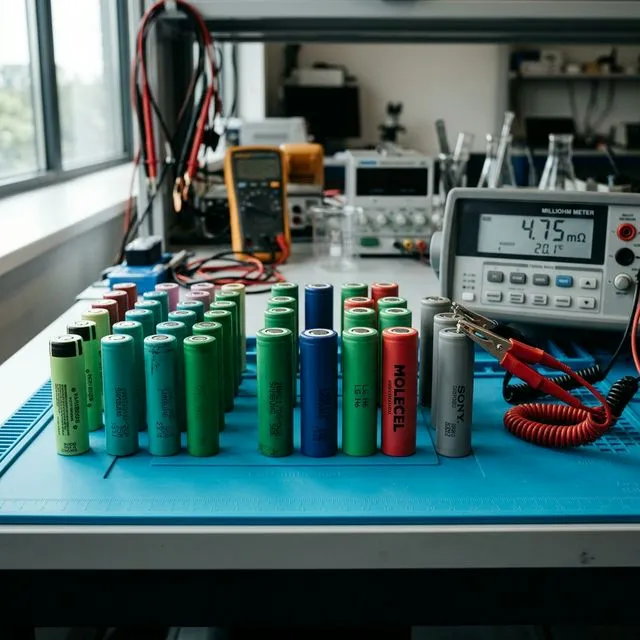 Verschiedene 18650- und 21700-Lithiumzellen auf einer ESD-Matte mit Milliohm-Messgerät und Kelvin-Klemmen im Batterielabor