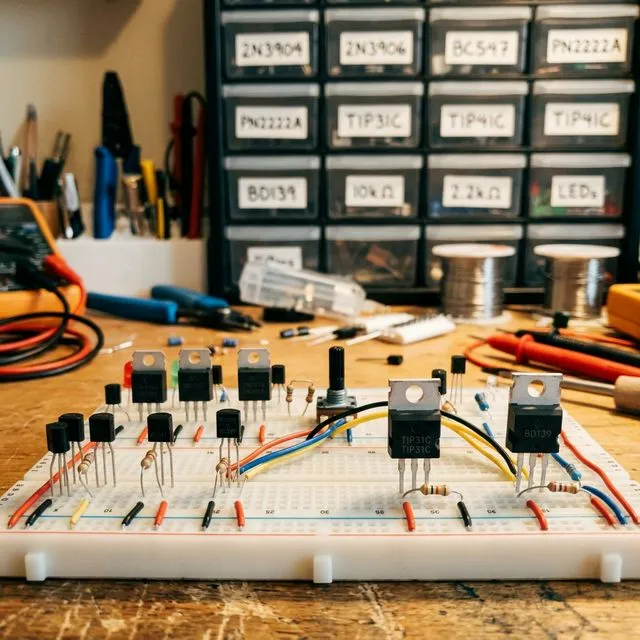Verschiedene BJT-Transistoren in TO-92 und TO-220 Gehäusen auf einem Breadboard mit Widerständen, im Hintergrund beschriftete Bauteilboxen