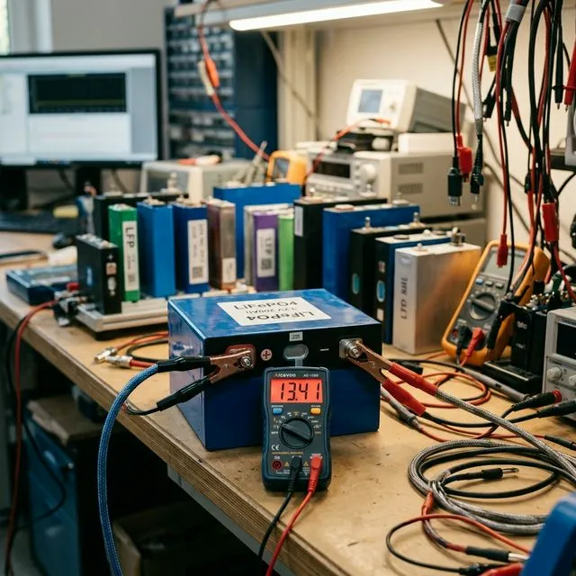 Digitales Spannungsmessgerät verbunden mit einer LiFePO4-Prismazelle im Batterie-Testlabor mit weiteren Zellen verschiedener Chemien im Hintergrund